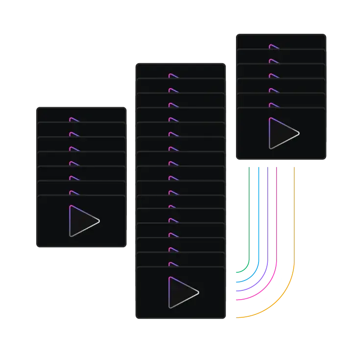 Black media cards stacked in three columns showing purple play icons, on a white background with colorful curved lines