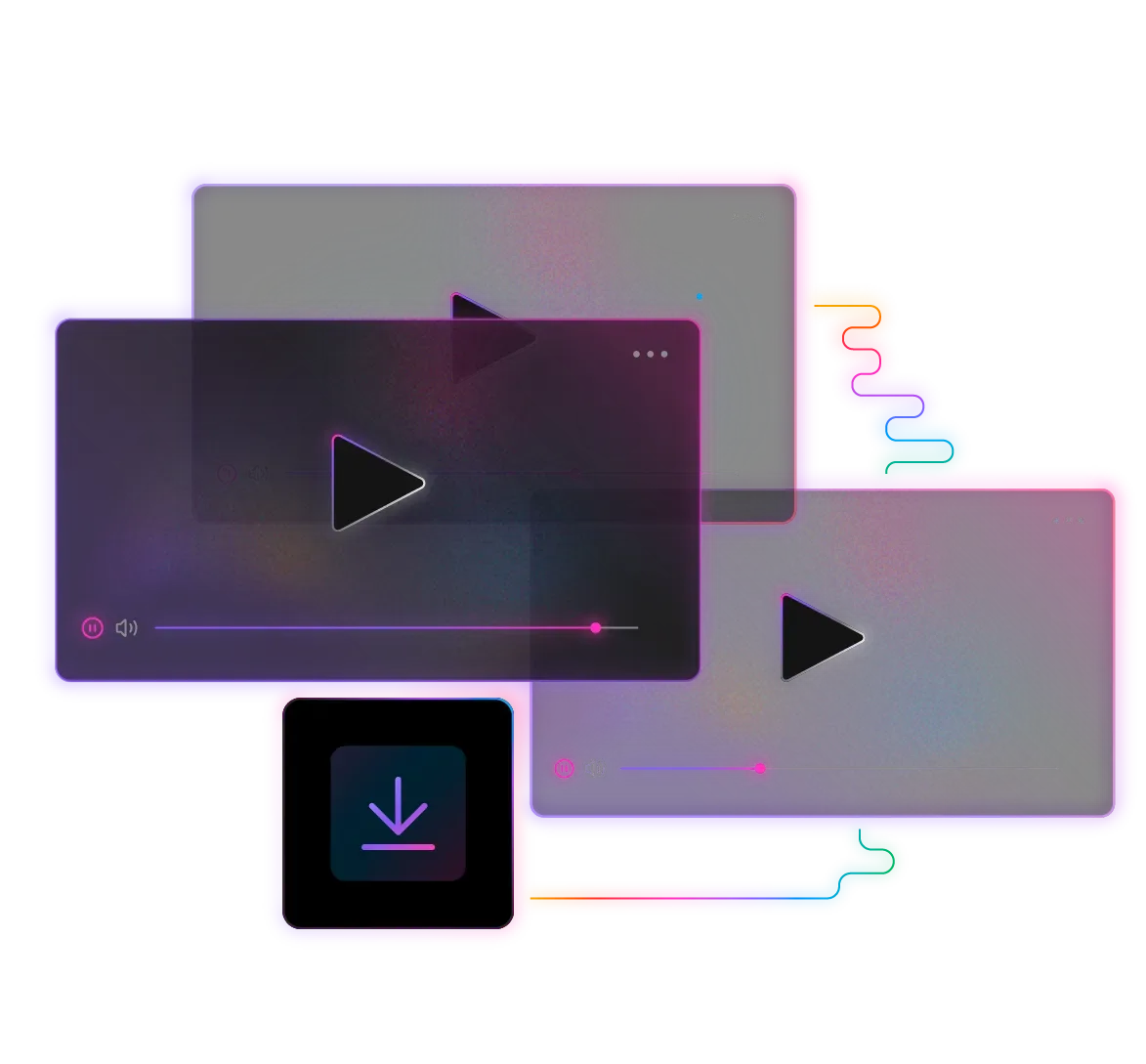 Three video players with play buttons, progress bars, and a download arrow icon with colorful accents