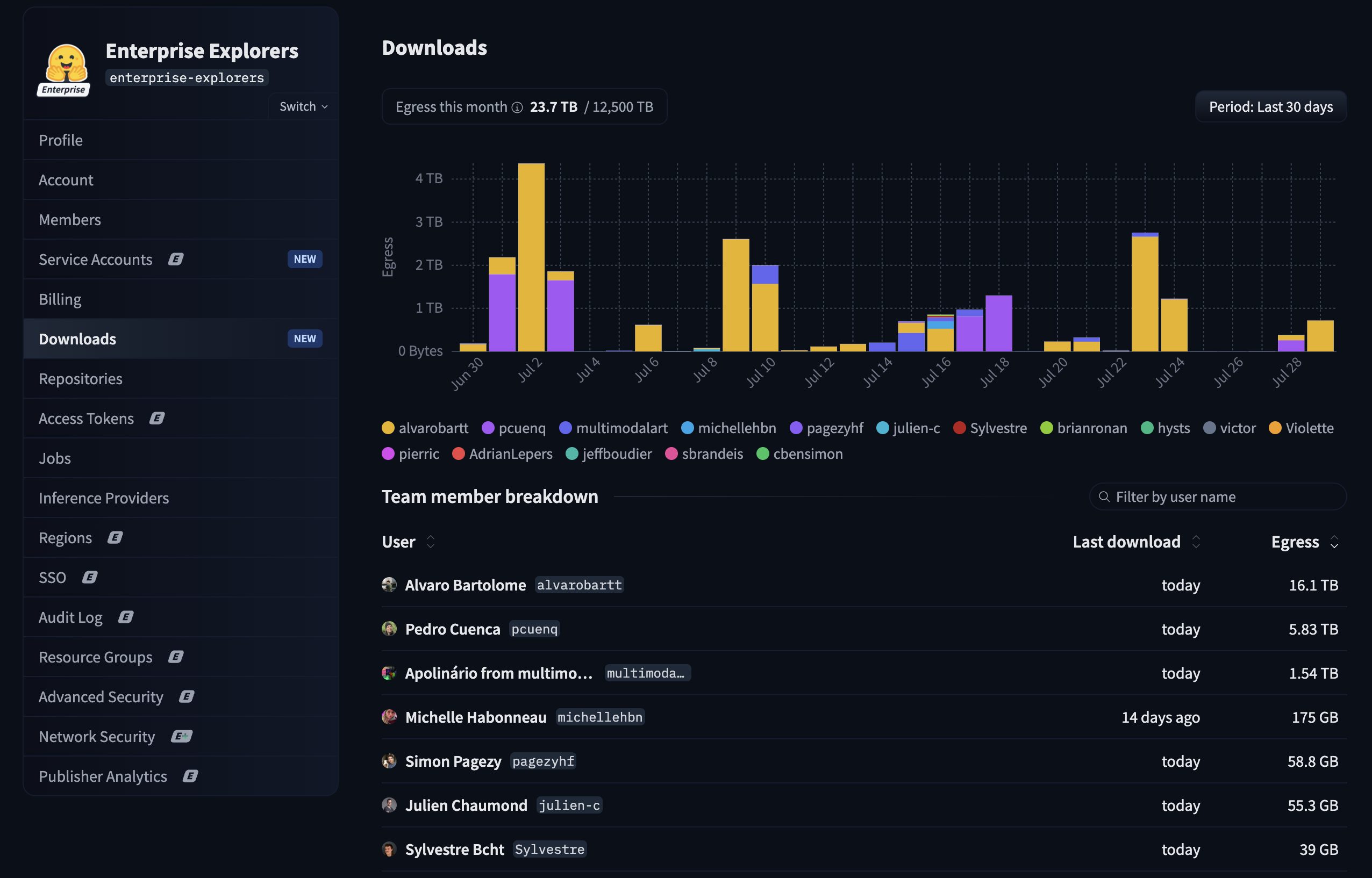 screenshot of the organization Downloads settings page, showing daily egress usage and the per-member breakdown