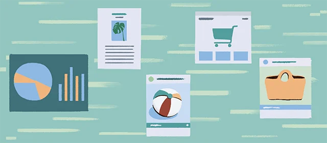 A row of images, including a bar graph, two ads and an online shopping cart.